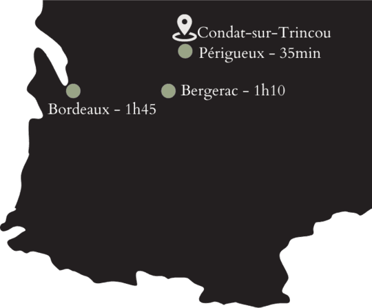 Carte et temps de trajet de Condat-sur-Trincou depuis Perigueux, Bergerac et Bordeaux