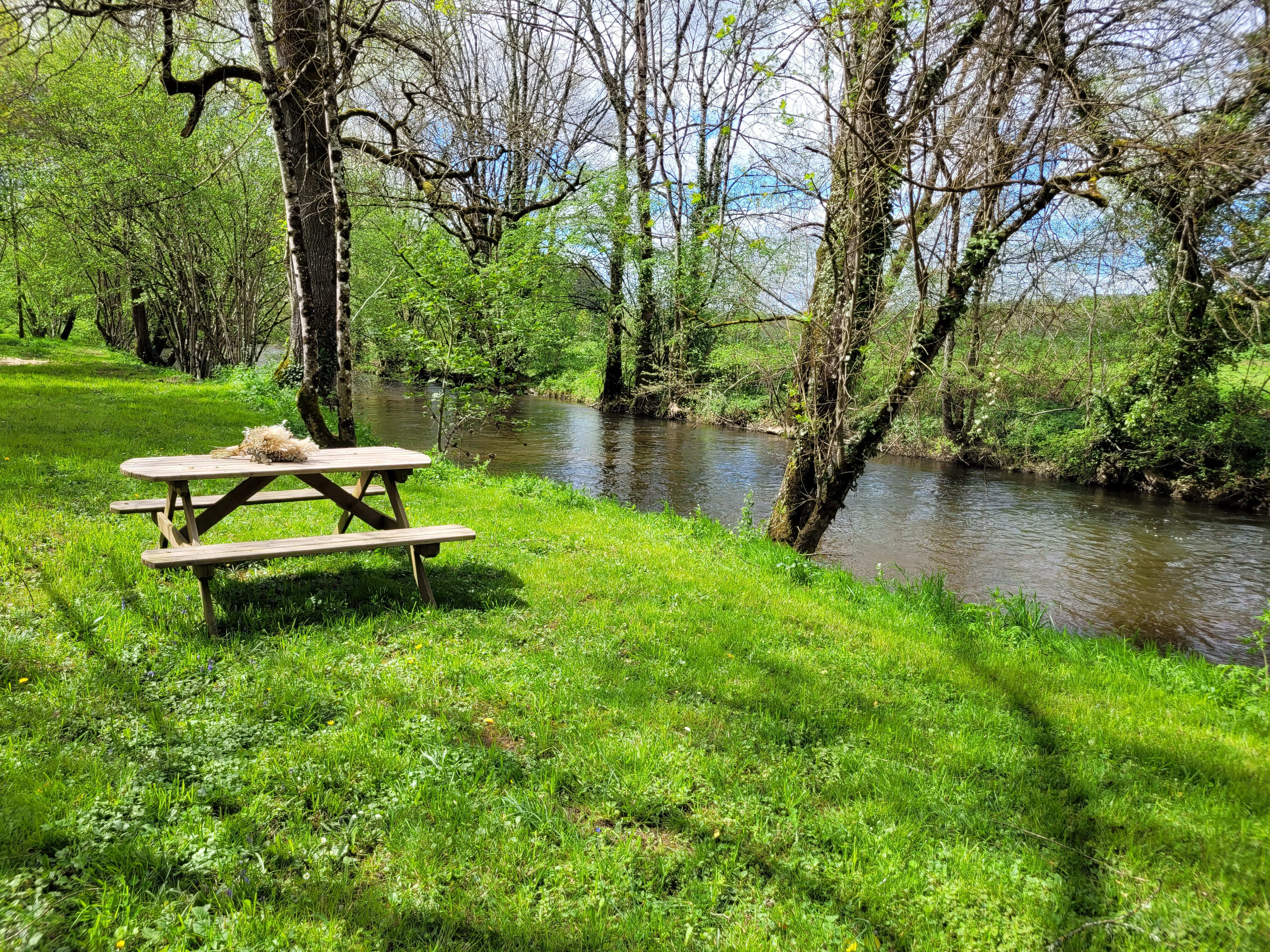 Table de pique-nique en bois située dans un jardin luxuriant avec vue sur une rivière tranquille, idéale pour une détente en plein air.